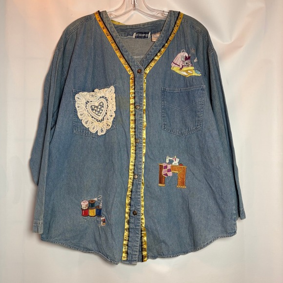 AMERICAS CLUB Tops - Vintage 80s 90s Plus Size 20W Denim Shirt Mouse Sewing Embroidery Button Up L/S